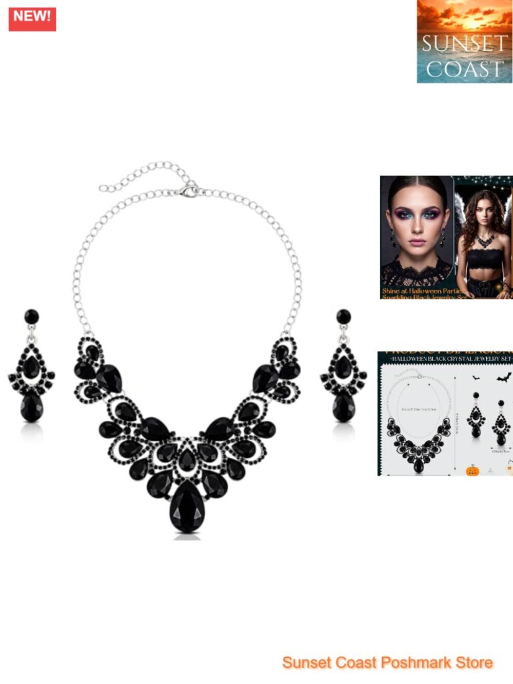Rhinestone Necklace Earrings Set Dark Elegant Halloween Party Jewelry for Women